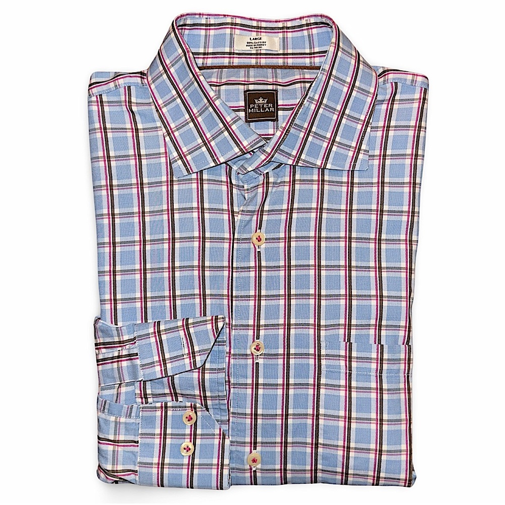 Peter Millar Crown Comfort Dress Shirt Pink Blue Brown Plaid